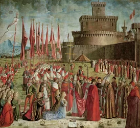 De pelgrims ontmoeten paus Cyriacus voor de muren van Rome, uit de St. Ursula-cyclus, 1498